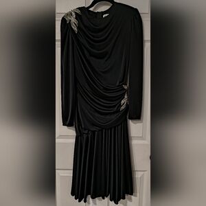 Abby Kent Sz 8 Elegant Long Sleeve Black Dress with Silver Accents